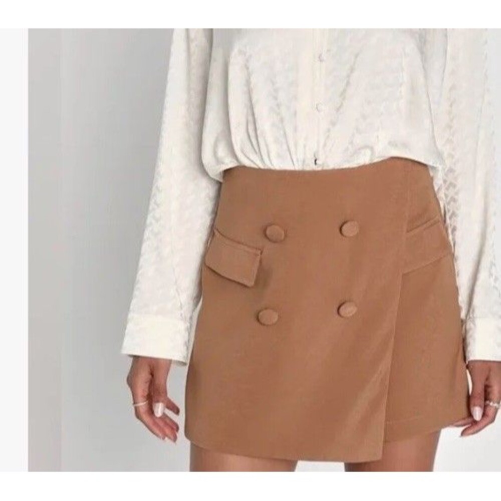 Lulus Camel Brown Office Siren Academia Double Button Preppy Skort Skirt XL New